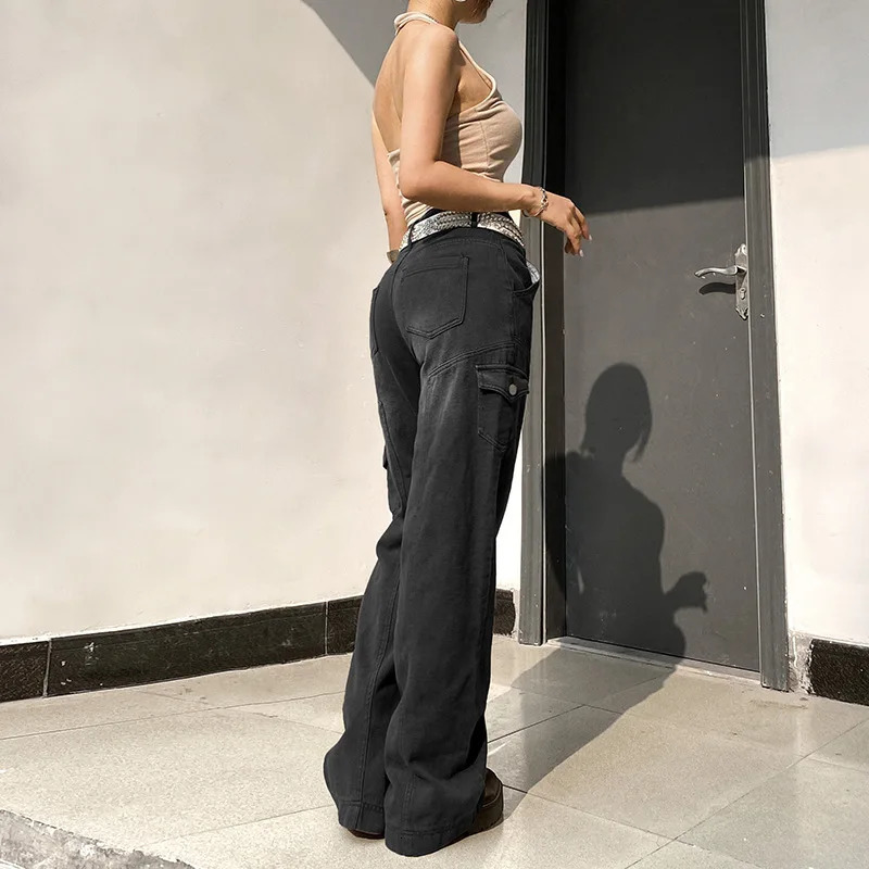 Street High Waist Straight Leg Casual Jeans with Irregular Pockets Work Clothes Floor Towers Dads Pants 241224