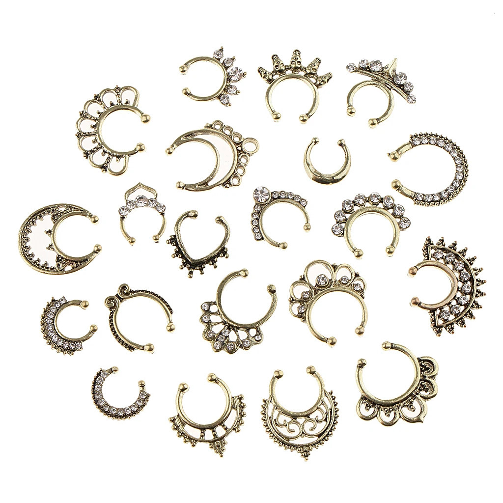 21pcs Nose Septum Ring Clip On Body Jewelry Faux Hoop Ring Rhinestone 250103