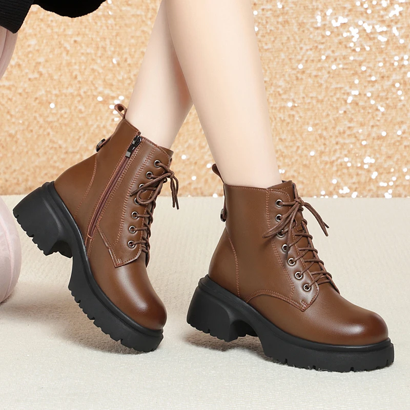 AIYUQI Snow Boots Women Genuine Leather Natural Wool Women Winter Boots British Wind Platform Women Ankle Boot