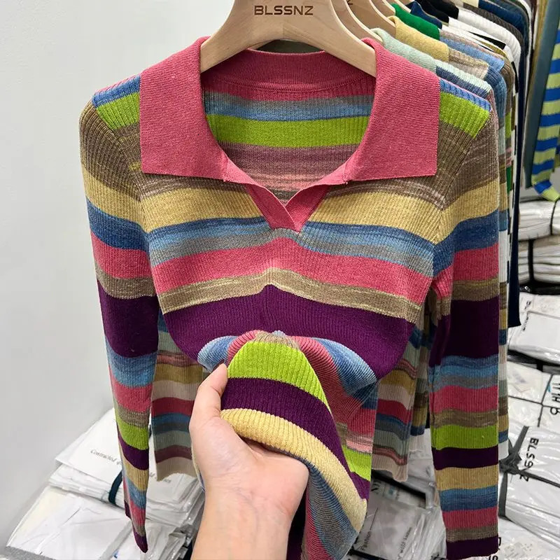 Polo neck womens long sleeved top striped clothing knitted youth provides fashionable and elegant summer womens cotton T-shirt 250103