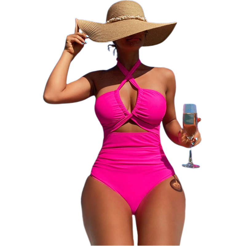 Women's One Piece Swimsuit Criss Cross Drawstring Halter Neck Monokini Ruched Swimwear Female High Waisted Bather Hollow Out Swimming Suits Push 