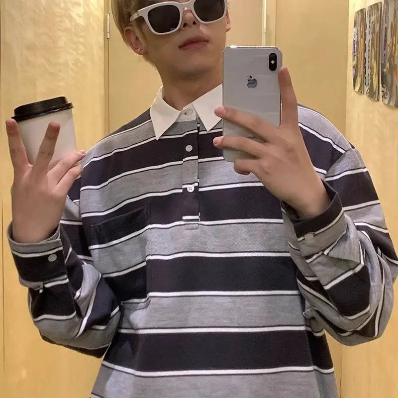 Comparison of American patch work polo shirt mens loose spring and autumn Korean casual retro striped long sleeved T-shirt 241230