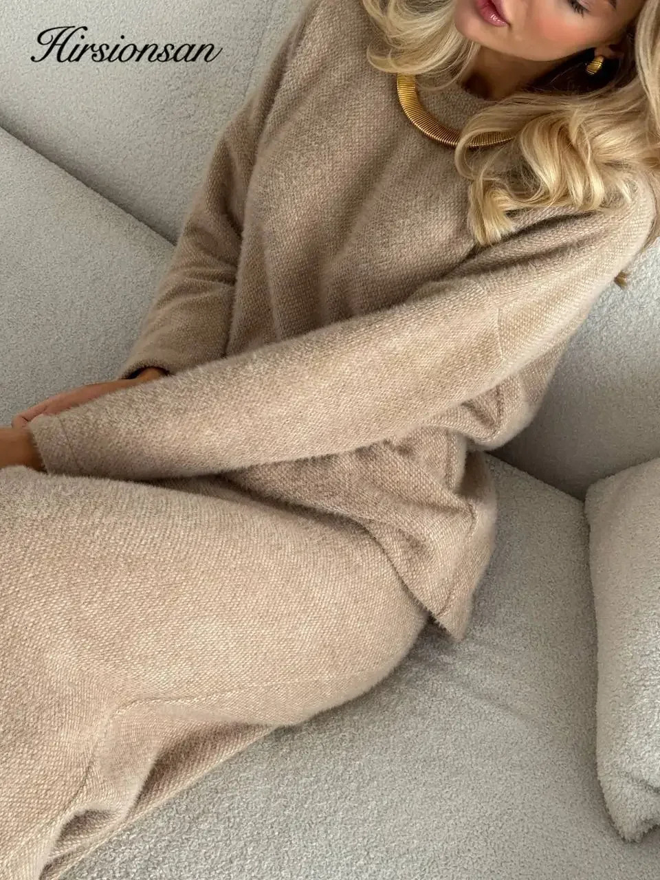 Hirsionsan Elegant Soft Elegant Vintage Women Suits 2 Pieces Female Skirt Sets O Neck Sweater Midi Dress Knitted TrackSuit 241224