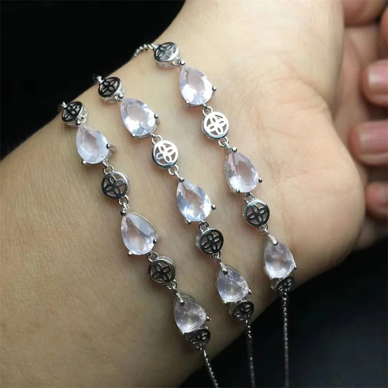 S925 Natural Rose Quartz Teardrop Bracelet Fashion Gemstone Crystal Jewelry Bangle For Women Healing Bohemia Holiday Gift 1pcs 250102