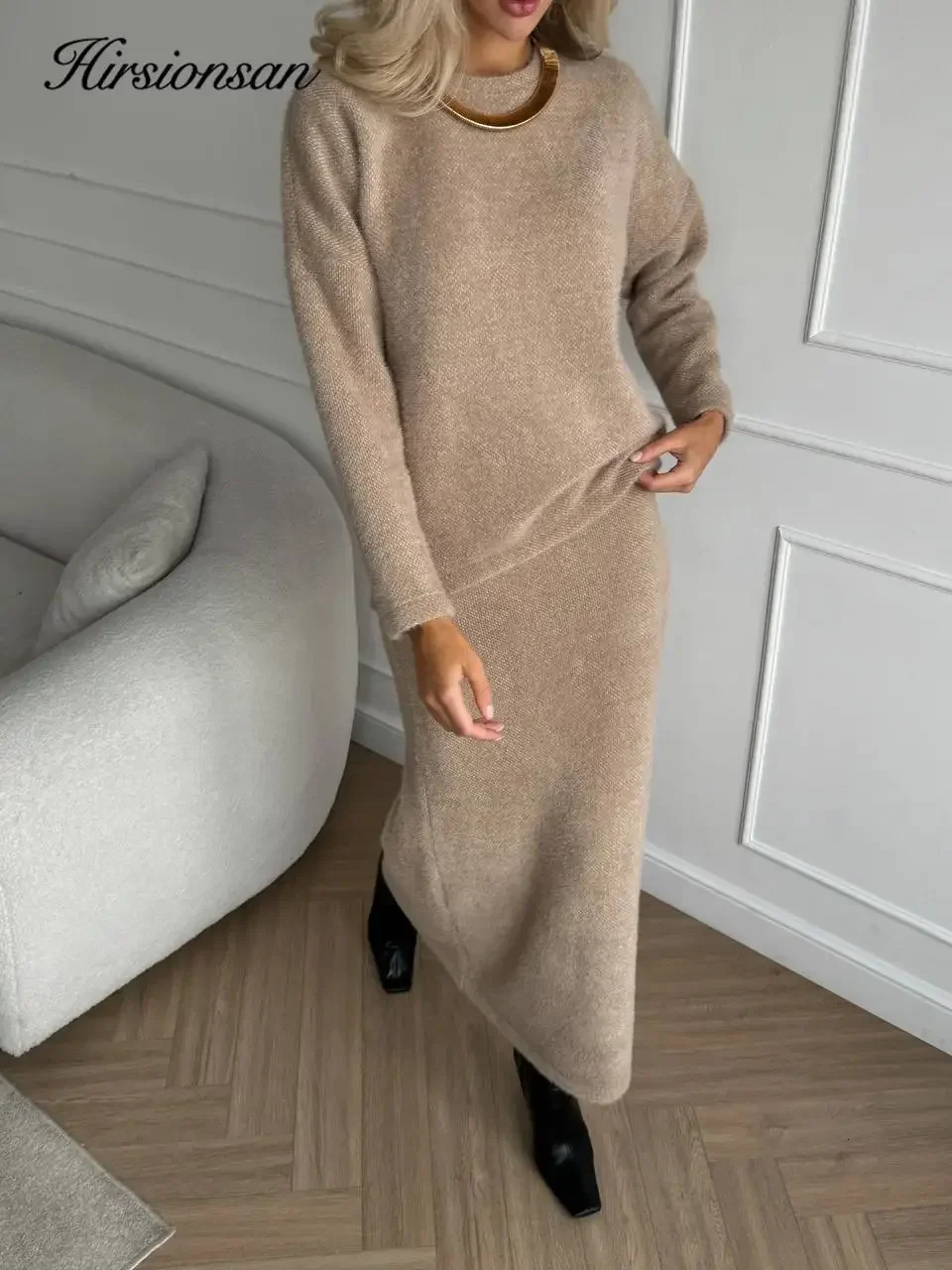 Hirsionsan Elegant Soft Elegant Vintage Women Suits 2 Pieces Female Skirt Sets O Neck Sweater Midi Dress Knitted TrackSuit 241224