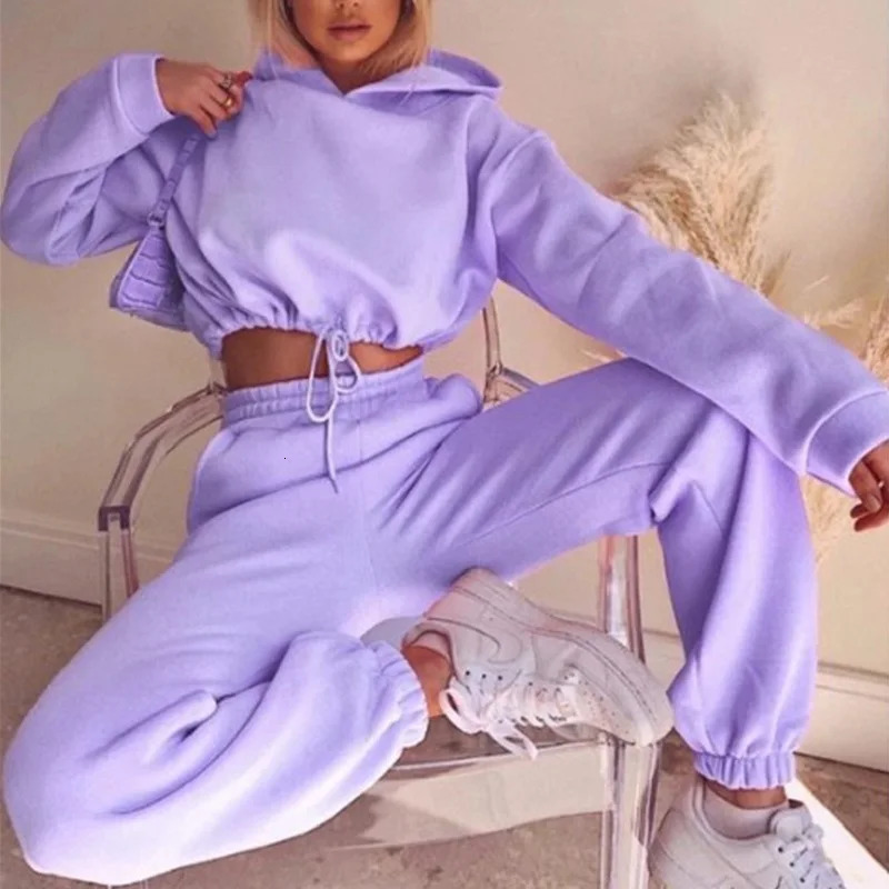 Winter two-piece womens track and field suit oversized set autumn Trouser set womens sports shirt solid sports hooded sweatshirt 241230