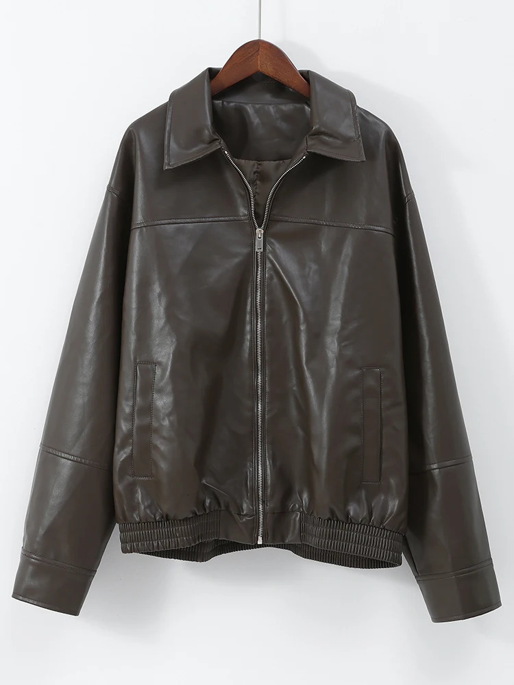 Retro Brown Lapel Womens Pilot Jackets Fashion Loose Long Sleeved Zipper Pocket Coat Versatile Commuting Ladies Streetwear 241224