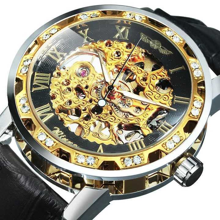 Fashion Top Brand Womens Luxury Mechanical Winner Diamond Skeleton Dial Leather Str Unisex Size Watch W250104