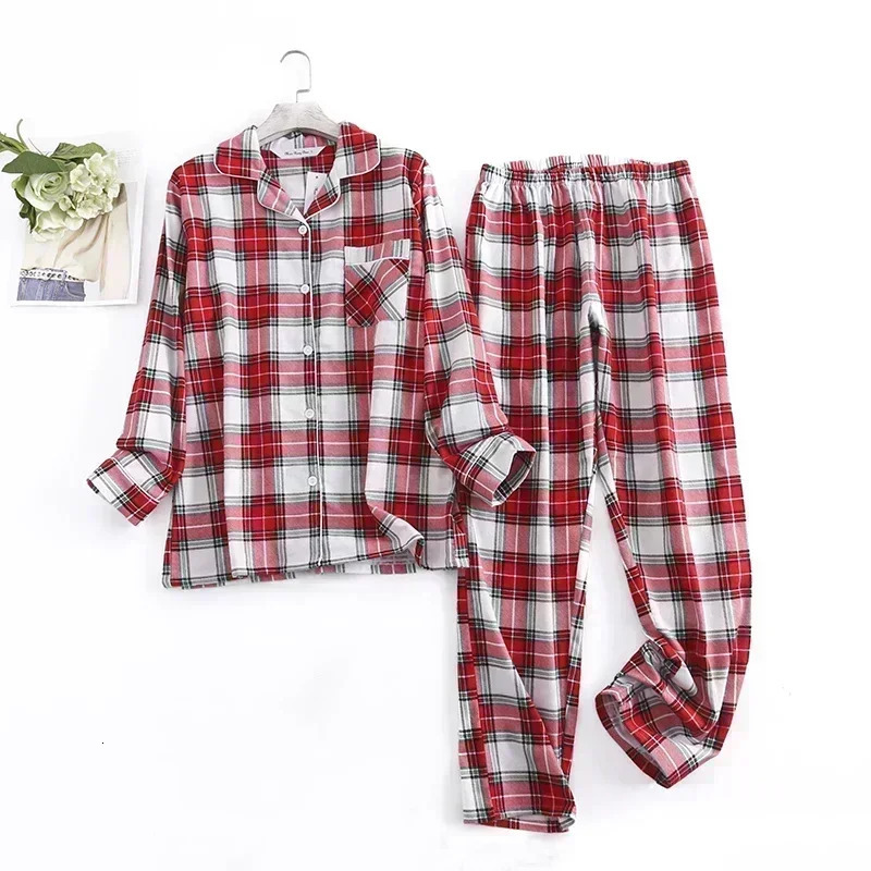 Cotton Flannel Womens Long Pants Pajamas Sets for Sleepwear Plaid n Loose Autumn and Winter Sleeve Trouser Suits 250103