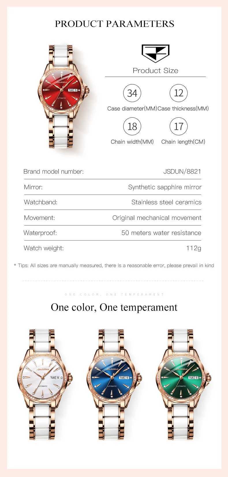 JSDUN New Trend Womens Luxury Fashion Womens Wrist Original Waterproof Ceramic Automatic Machinery W250104