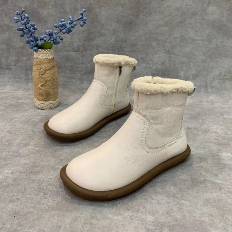 Fur Flats Women Snow Ankle Boots Leather Short Plush Cotton Shoes 2025 Trend er Warm Cozy Casual Winter Botas De Mujer 250103