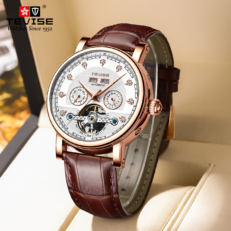 TEVISE Automatic Mechanical Watch Mens Business Fashion Mens Mechanical Wristwatch Waterproof Leather Watch T023 T867C