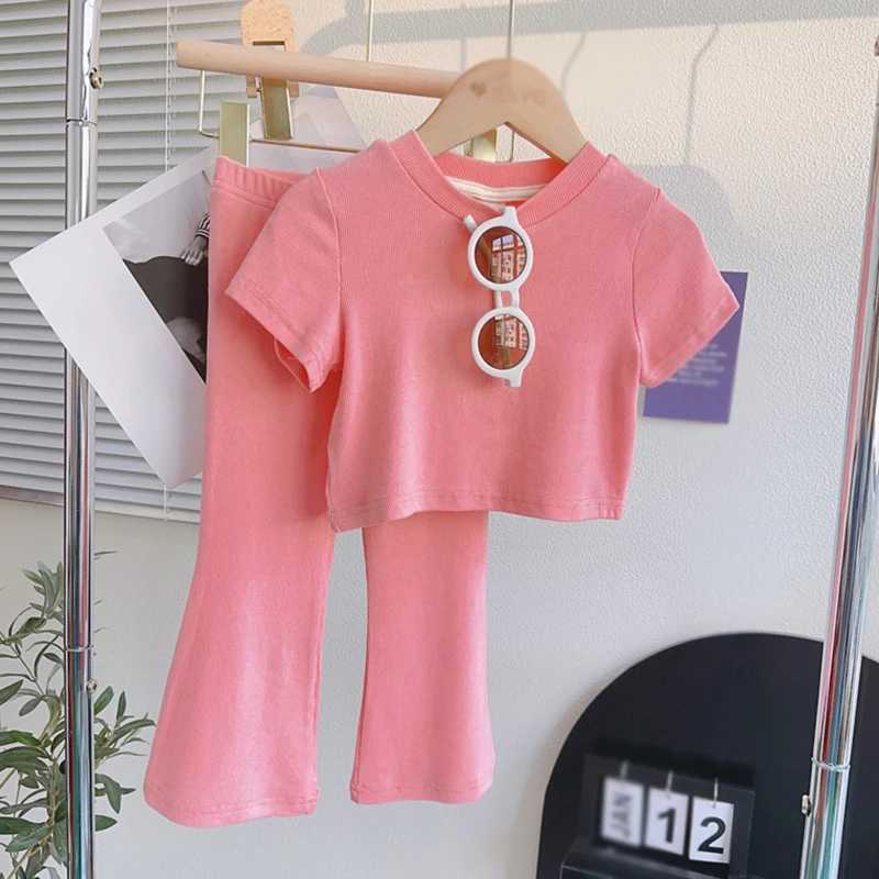 Two piece summer girls sweet fashion set childrens breathable casual clothing solid color Korean round neck setXJ250410