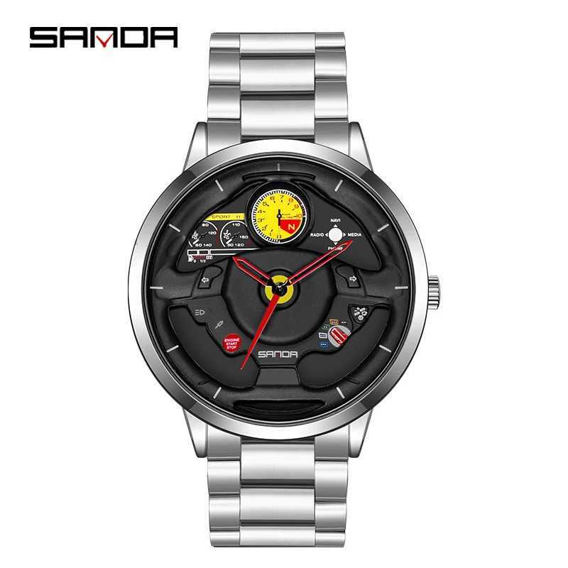 Fashion Sanda Top Brand Innovative Skeleton Mens Sports Car Steering Wheel Waterproof Stainless Steel Leather Quartz W250104
