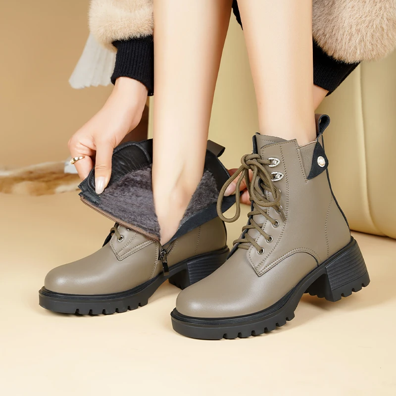 AIYUQI Ankle Boots Women Winter Genuine Leather Natural Wool Warm Mom Boots Non-slip Large Size Women Snow Boots