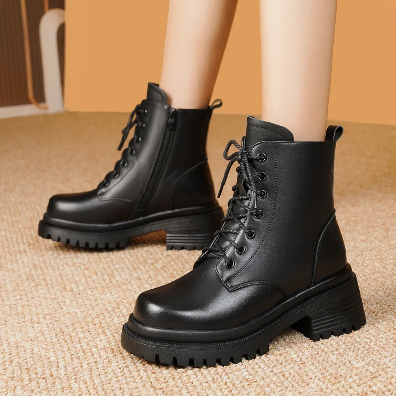 AIYUQI Women Biker Boots Genuine Leather Natural Wool Winter Boots Women Platform Large Size Non Slip Women Snow Boots