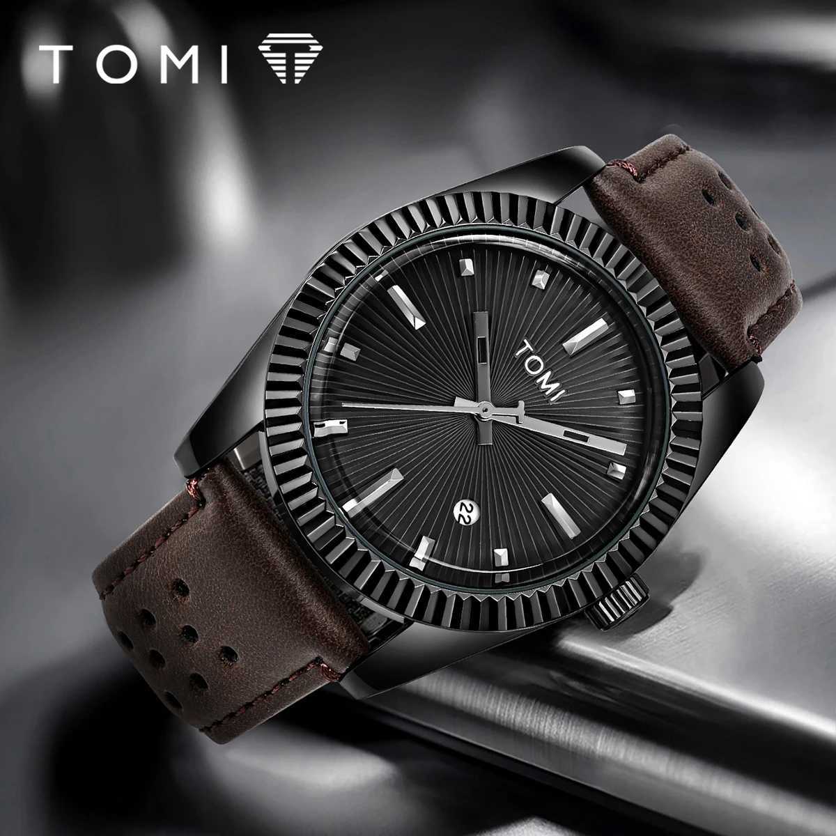 TOMI Mens Fashion Classic Mens and Womens Paradigm Trend Bus Calendar Brown Leather Quartz W250104