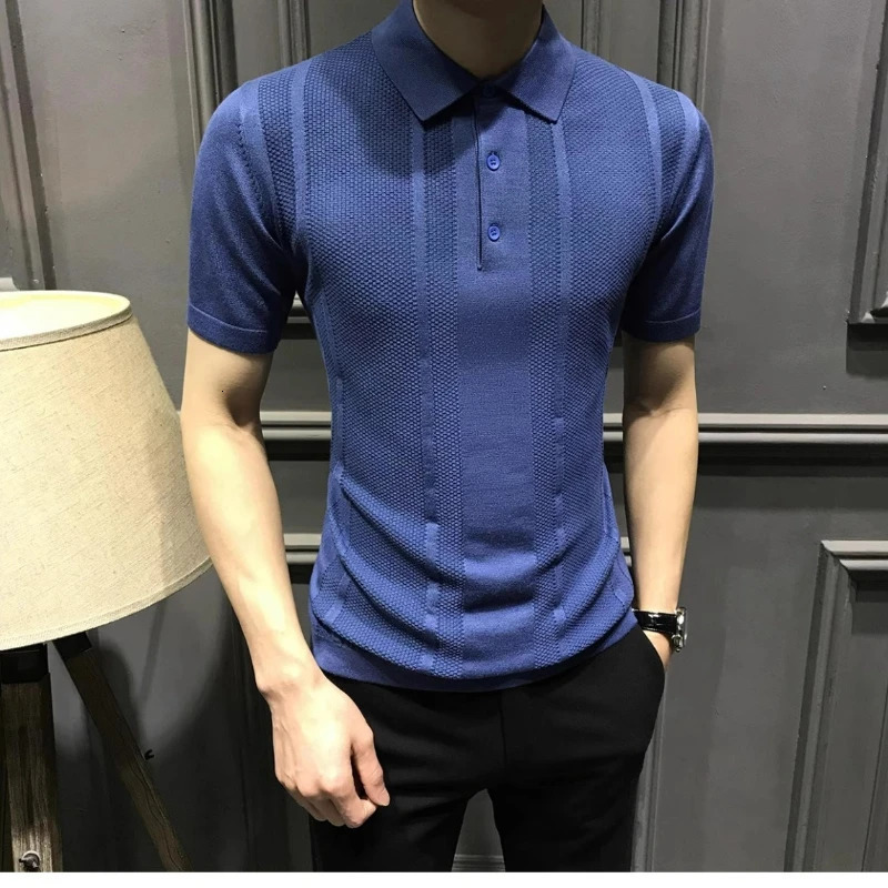 Business casual mens polo shirt summer solid collar button streetwear fashion office social long sleeved knitted T-shirt top 250103