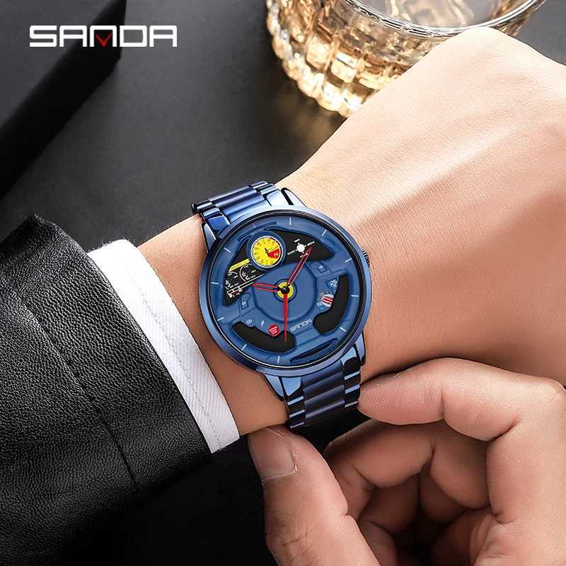 Fashion Sanda Top Brand Innovative Skeleton Mens Sports Car Steering Wheel Waterproof Stainless Steel Leather Quartz W250104