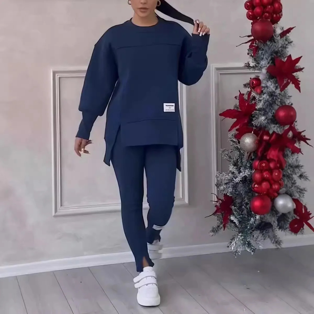 2-piece womens sportswear hooded sweatshirt winter loose irregular topleg pants casual jogging set sportswear two-piece set 241230
