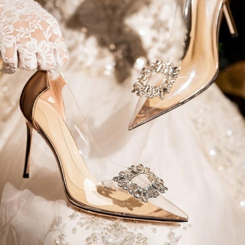 Transparent Rhie Square Buckle High 2024 Spring And Summer New Sexy Pointed Toe Shallow Mouth Stiletto Heels