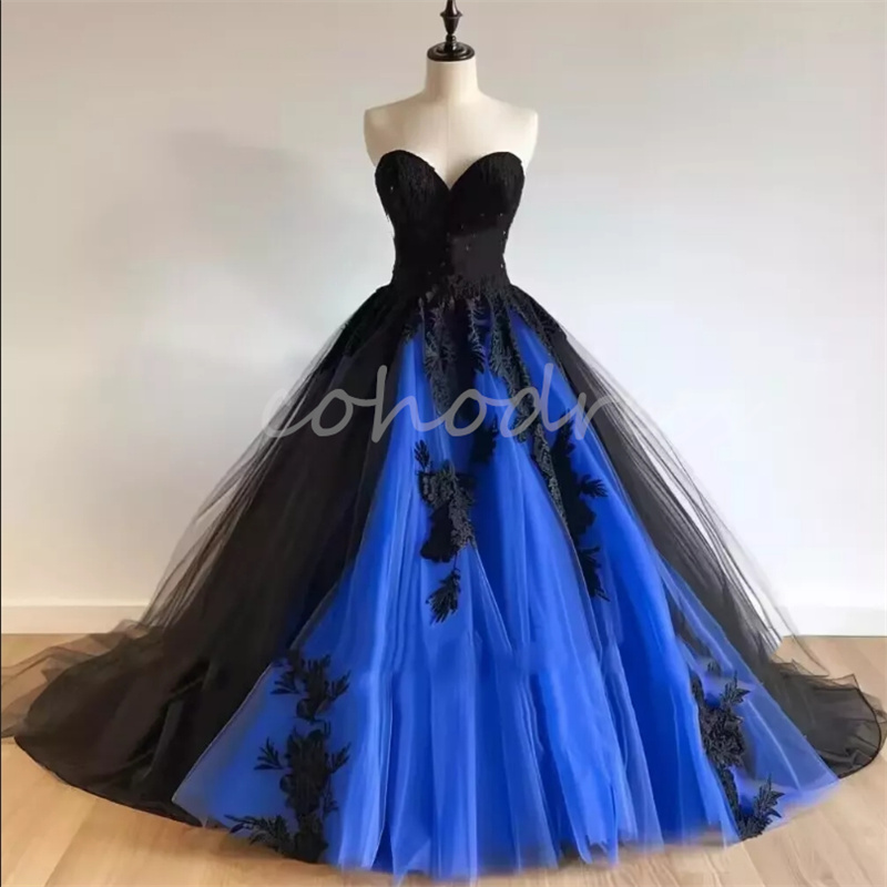 Elegant Blue And Black Gothic Wedding Dresses Sweetheart A Line Tulle Aesthetic Midevil Bridal Dress Lace Bride Gown renaissance1950s Country Vestio D