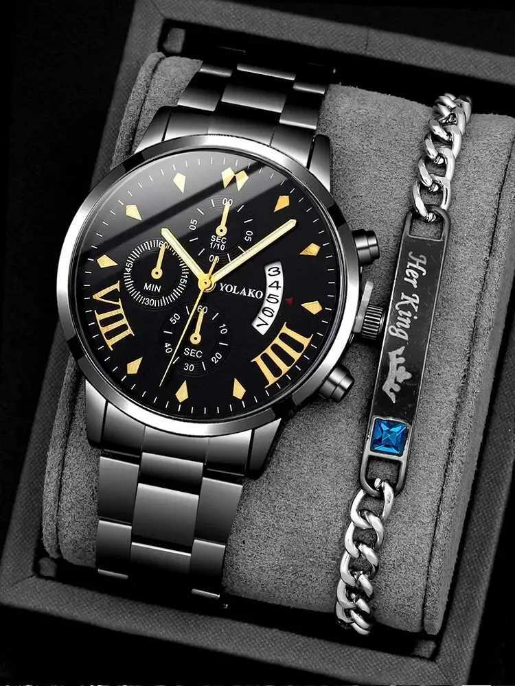 2PC Mens Busin Gentlemens Steel Belt Calendar Quartz+Chain Bracelet Set W250104