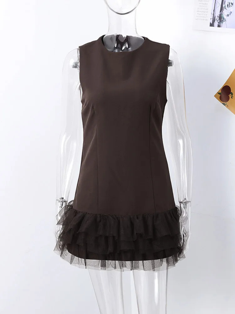 Elegant patch work lace dress womens O-neck sleeveless slim fit hip bag mini dress womens 2025 early spring fashion womens robe 250103