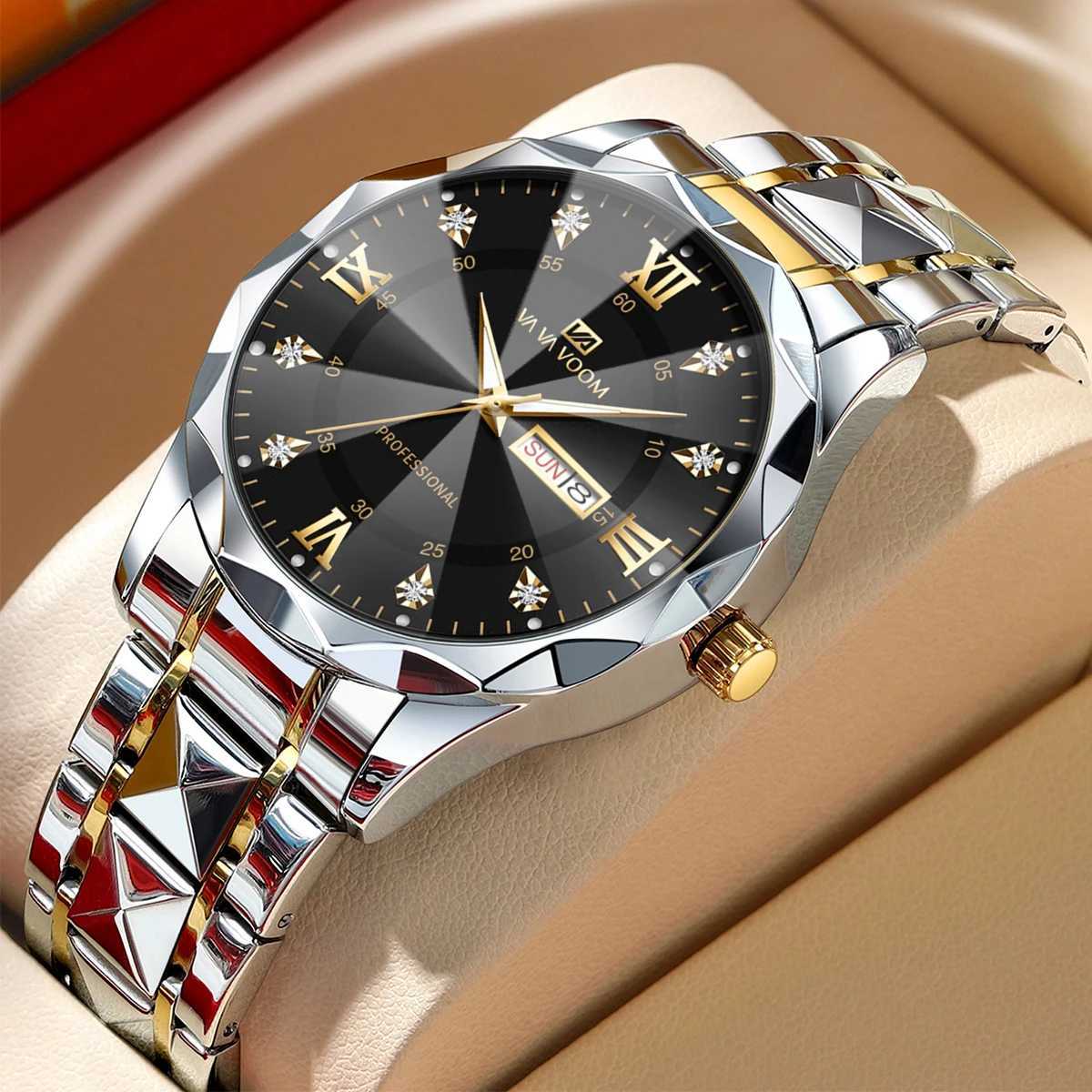Mens Water Diamond Luxury Luminous Double Calendar Quartz Finish 41mm Blue Gold Stainless Steel Fashion Bus W250104