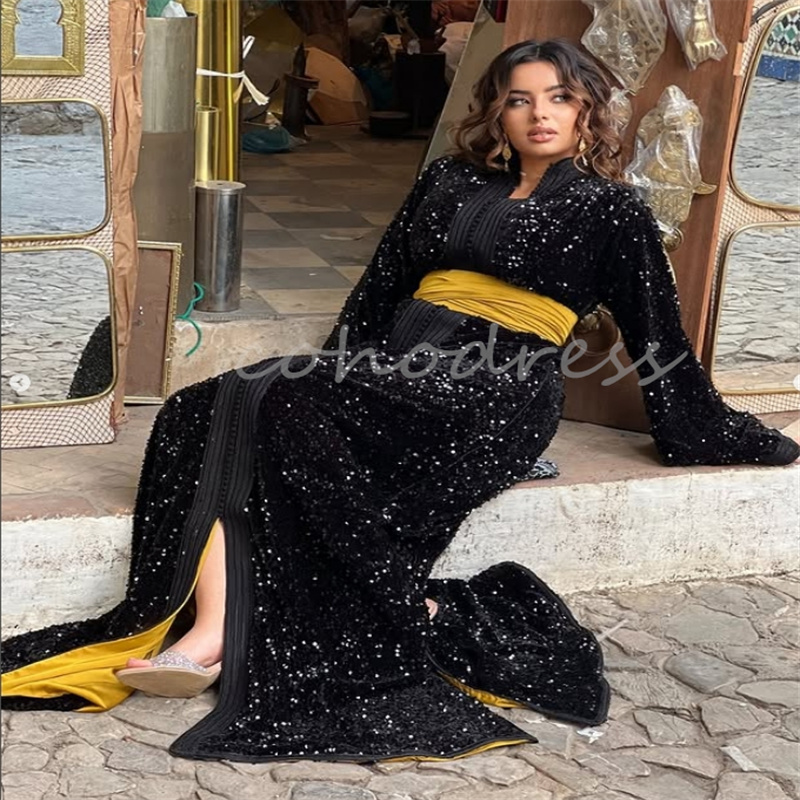 Luxury Caftan Moroccan Evening Dress Navy Blue With Fuchsia Sash Plus Size Sequin Prom Dresses Long Sleeve Dubai Abaya Engagement Arabian abendkleider