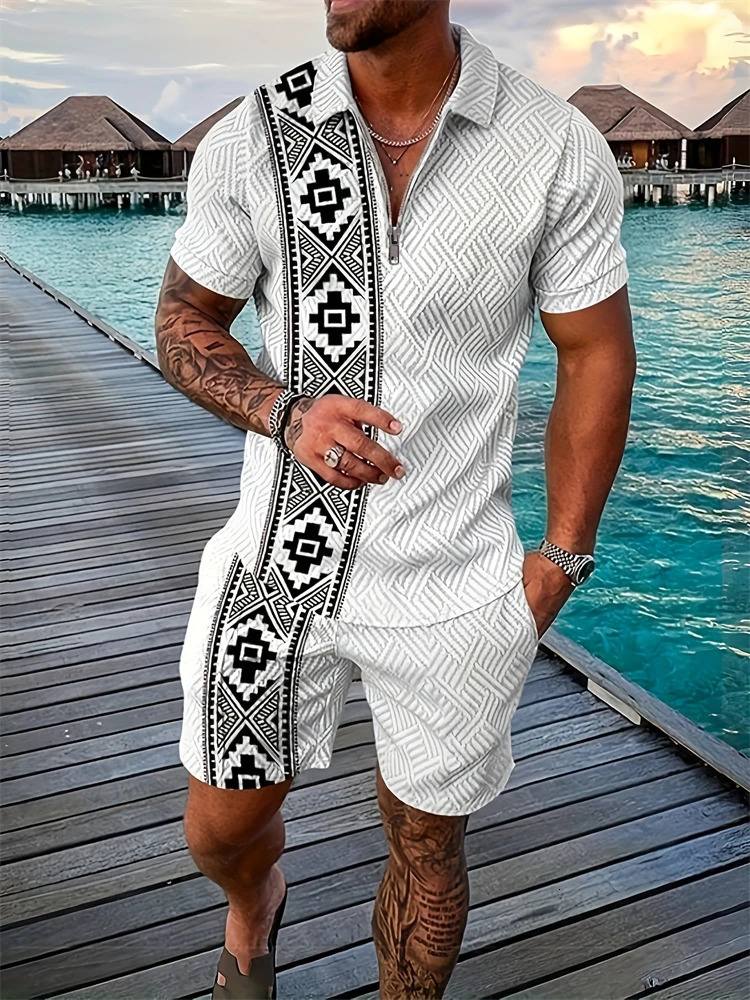 Summer Fashion Mens Brown Printed Polo Shirt And Shorts 2 Piece Zipper Sweatshirt Set Oversized Vacation T-Shirt Suit Clothing 250103