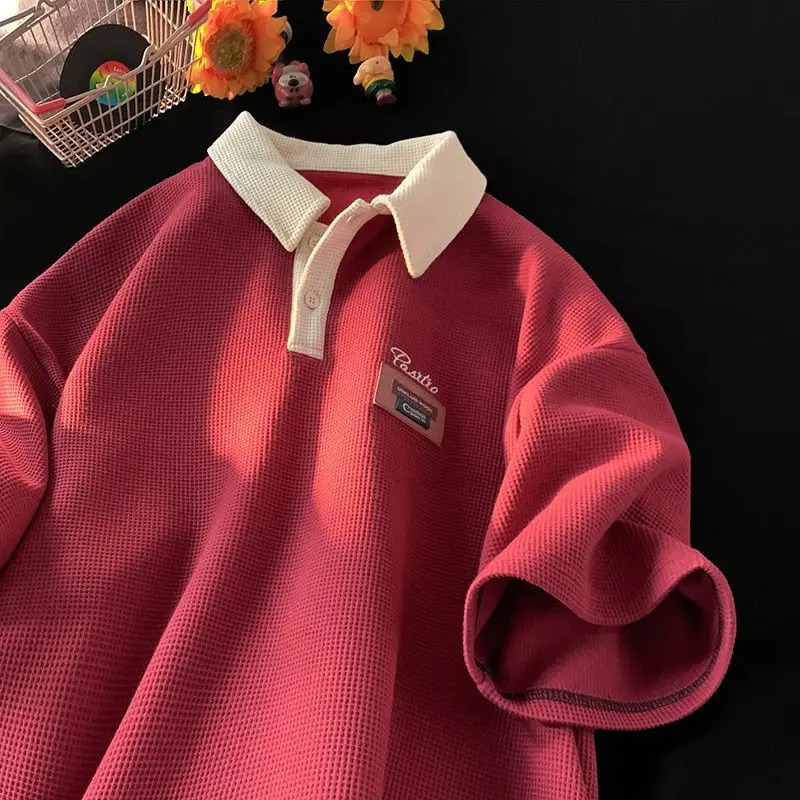 Polo shirt short sleeved T-shirt mens summer vintage American fashion waffle fully matched heavy-duty half sleeved top 241230