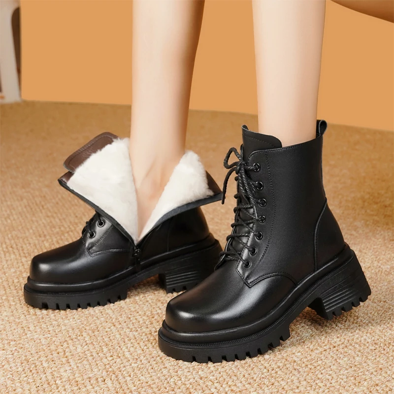 AIYUQI Women Biker Boots Genuine Leather Natural Wool Winter Boots Women Platform Large Size Non Slip Women Snow Boots