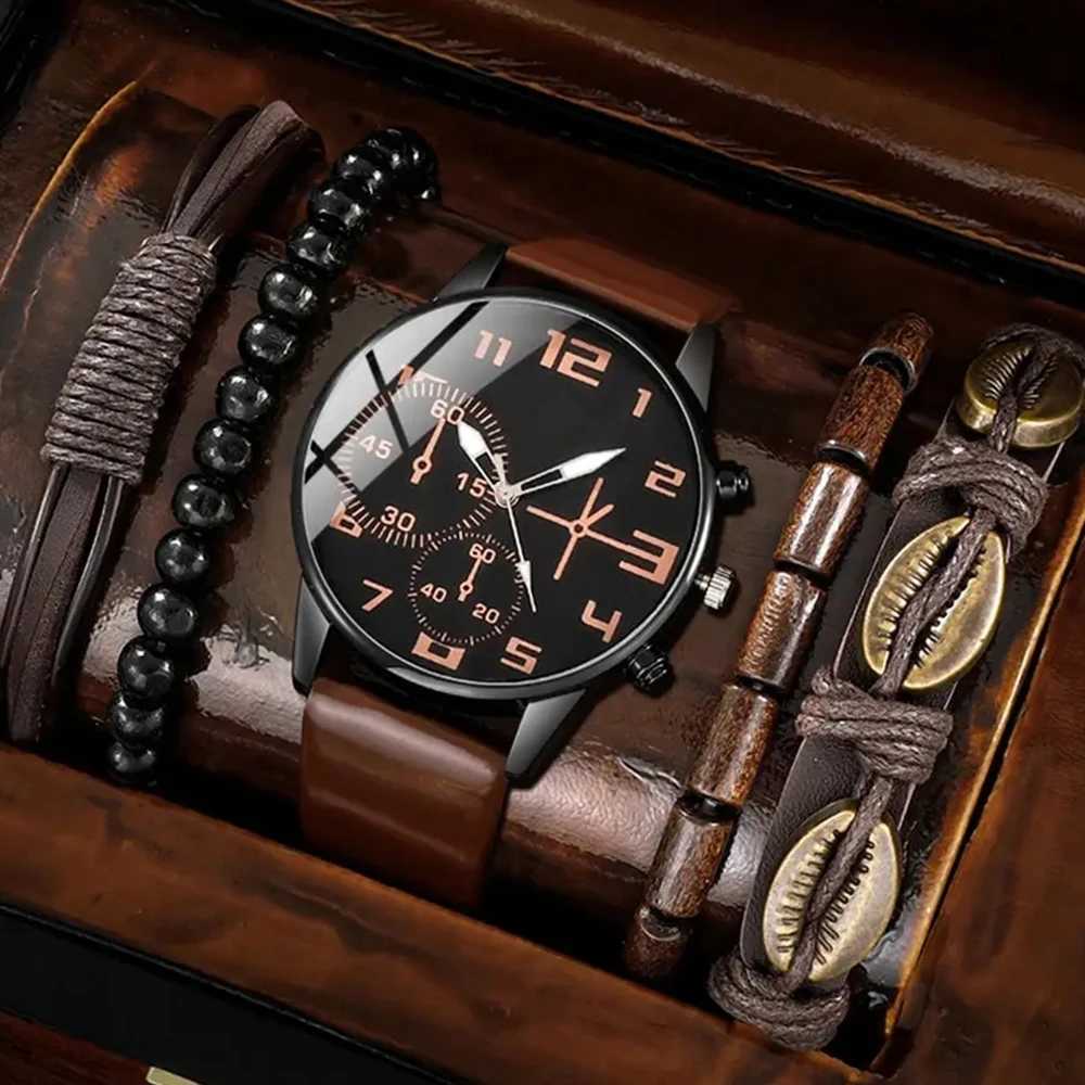 5-piece set of fashionable mens sports bracelet mens retro large dial quartz wrist classic mens casual brown leather W250104
