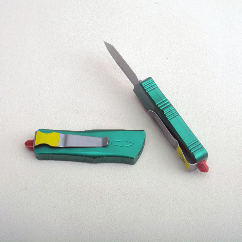High End 7102 Small Tactical Knife D2 Satin Blade Green CNC 6061-T6 Aviation Aluminum Handle Outdoor EDC Pocket Gift Knives with Nylon Bag and Repair 