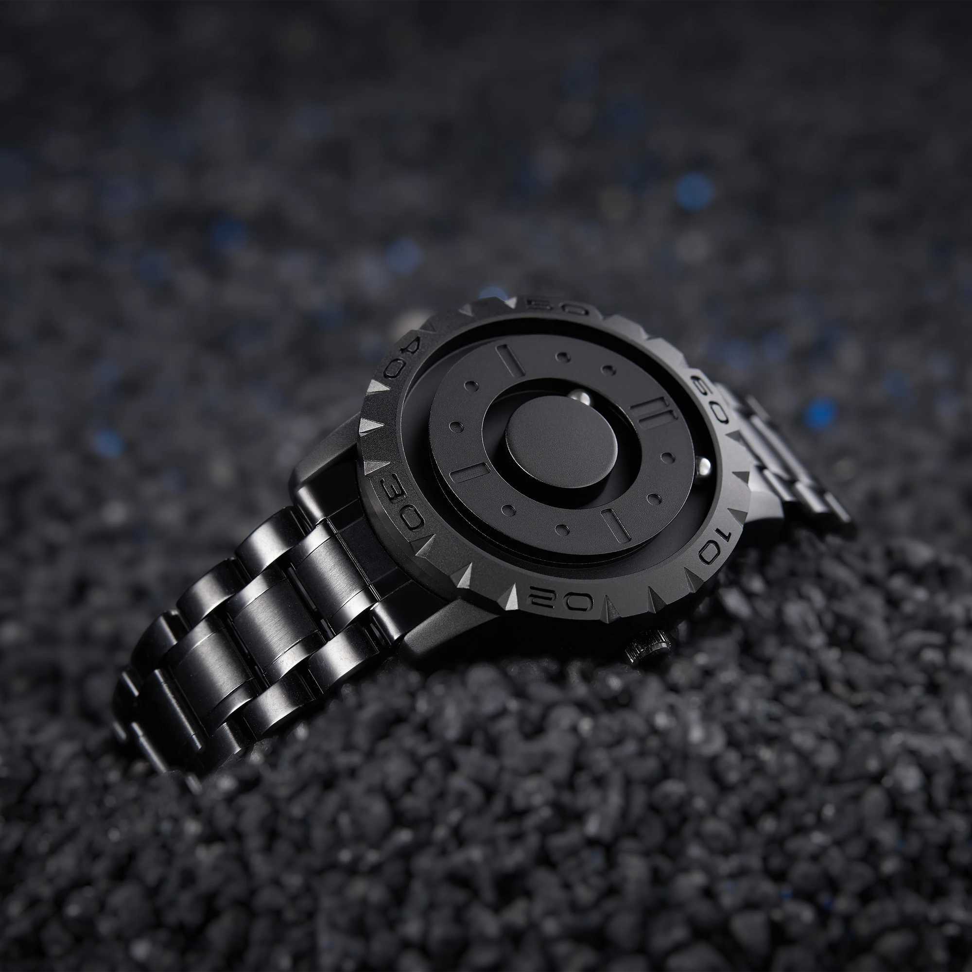 EUTOUR Mens Magnetic Mens Quartz Waterproof Leather Stainless Steel Bracelet Black Dial Fashion Sports W250104