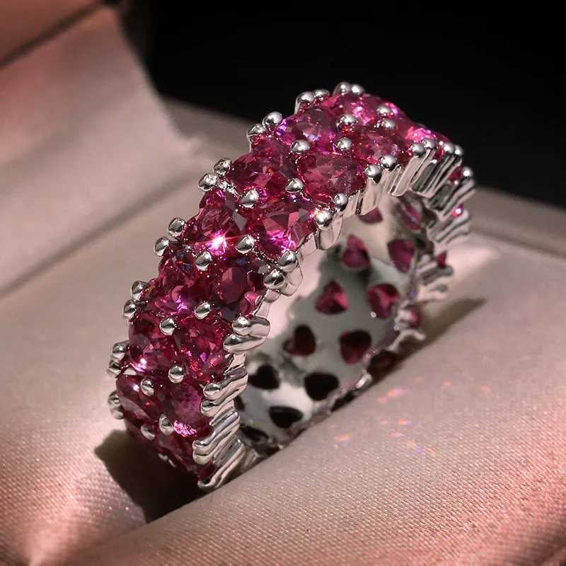 Fashion La 925 Silver Luxury Pink Heart-shed Full Diamond Zircon Ring Engagement Bridal Jewelry Christmas Gift Cute RingXJ250514