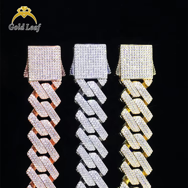 Goldleaf Jewelry Rock Sterg Sier Iced Out Bracelet Necklace Hiphop 18mm VVS Moissanite Cuban k Chain