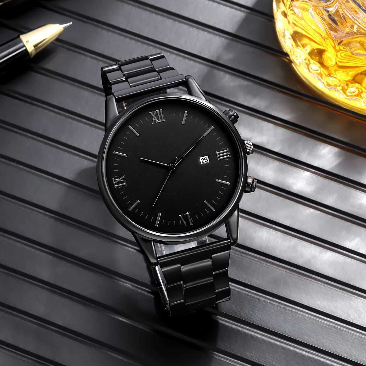 4-piece set simple quartz pointer with calendar black hip-hop style cross pendant necklace Birtay gift W250104