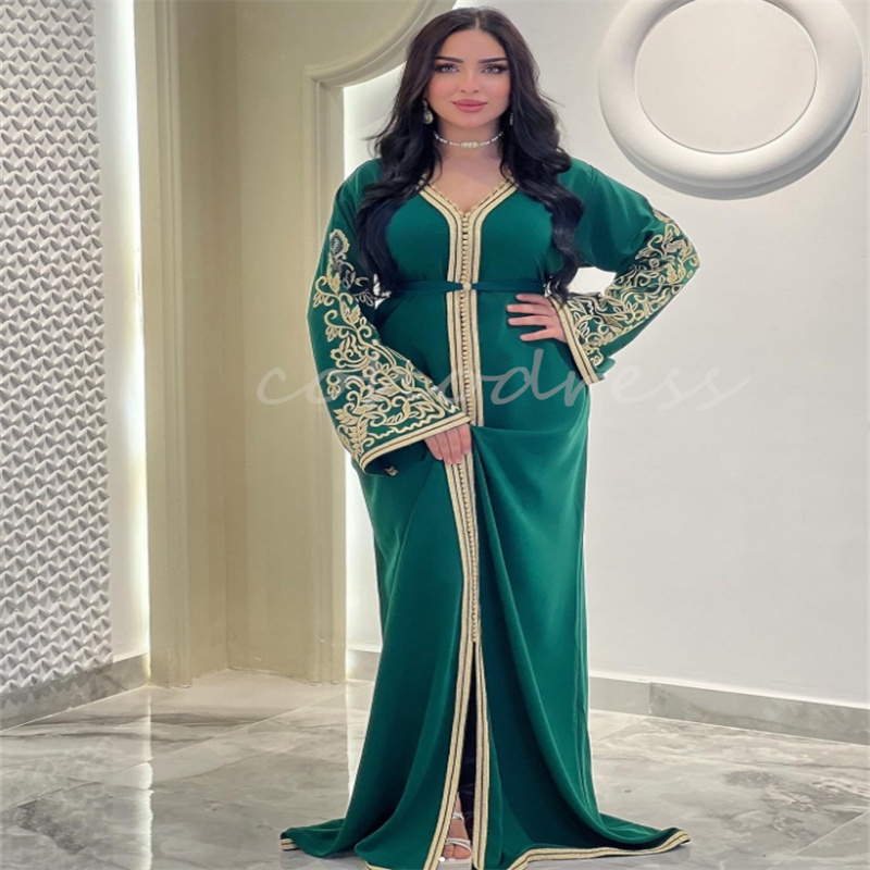 Emerald Green Embroidery Kaftan Evening Dress Modern Plus Size Middle East Arabian Dubai Prom Dress Engagement Formal Oriental Tunisian Vestio De Fies