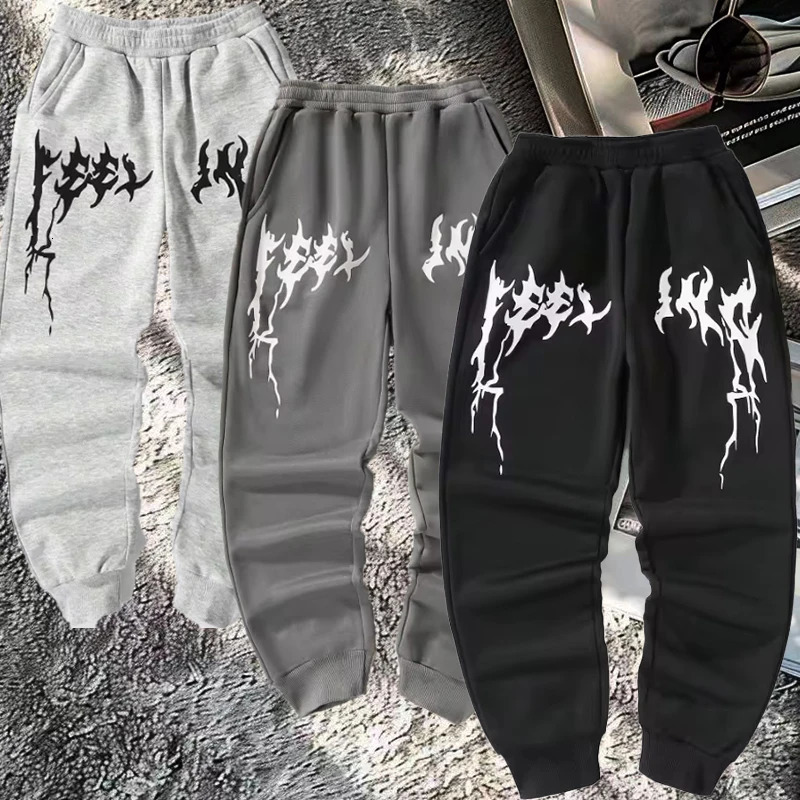 Mens pure cotton pants gym Y2k retro printed elements loose pattern casual jogging legs loose Versatile Drawstring 250103