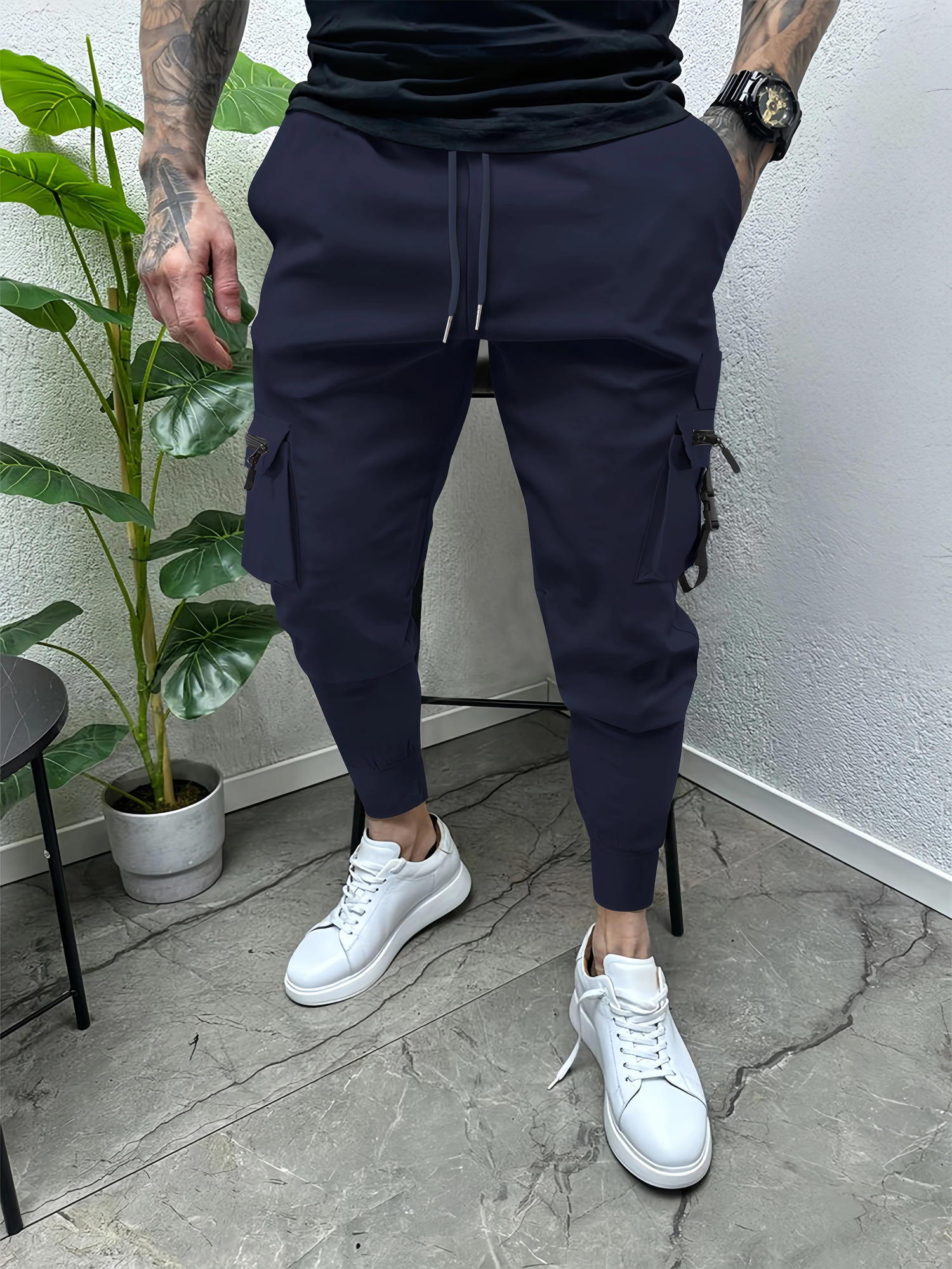 Mens zip-up buckle multi-pocket cargo pants 250102