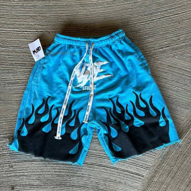 Ins Net Red Shorts Men Women Foam Flame Print American Retro Street Style Five Pants Y2k Cotton Solid Color Loose Couple Pants 250103