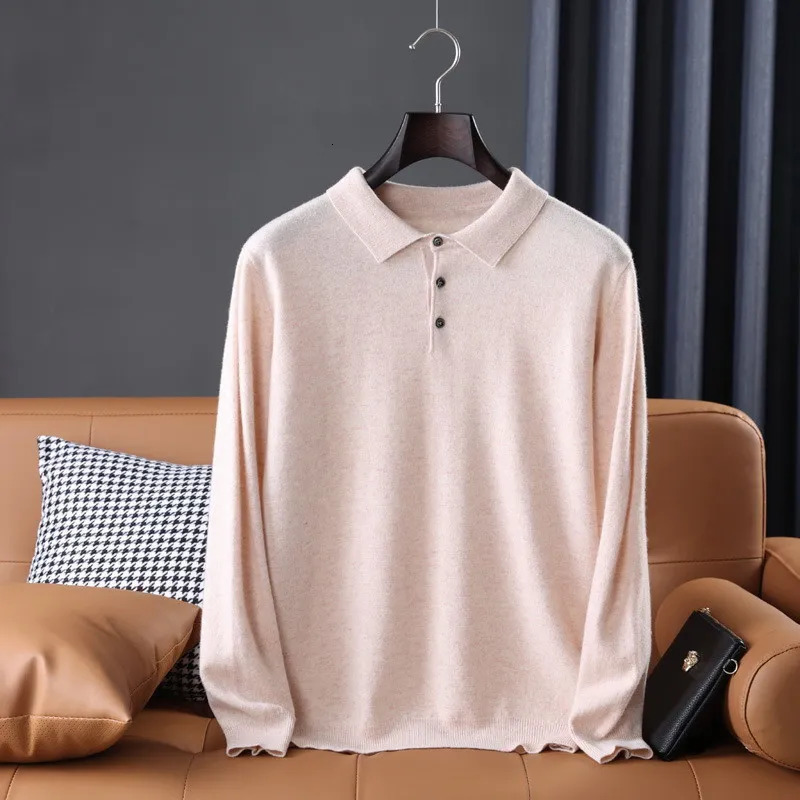 High quality ultra-fine cashmere knitted lapel mens T-shirt long sleeved polo shirt solid color casual trend gray white black 250103