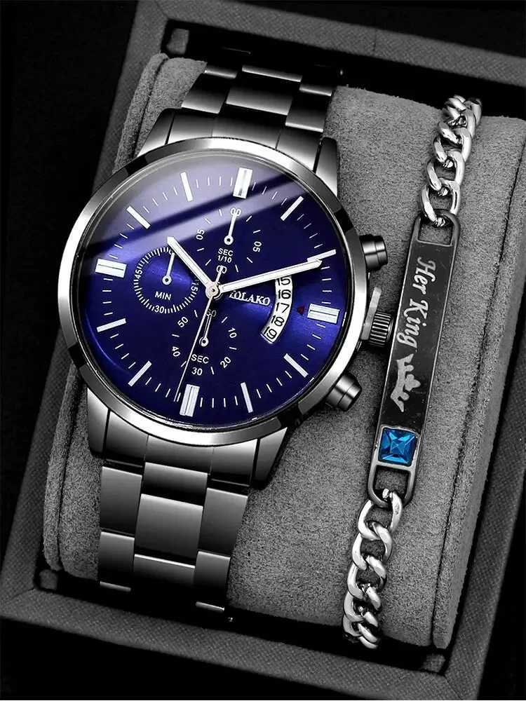2PC Mens Busin Gentlemens Steel Belt Calendar Quartz+Chain Bracelet Set W250104