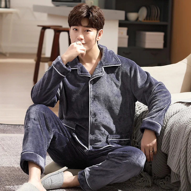Fashion n Pajamas Set Men Autumn Winter Flannel Thermal Lapel Coral Fleece Loungewear Suit Male Comfortable Warm Homewear 250103
