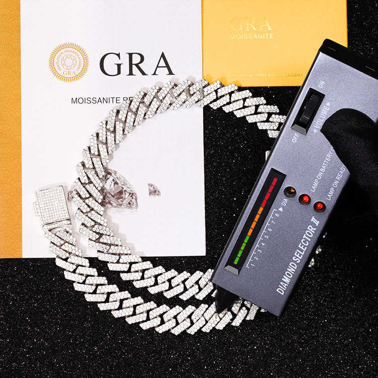 Hip hop Men Jewelry 13mm 15mm wide 2 rows VVS Moissanite diamond Necklace S925 Solid Silver Cuban Link Chain