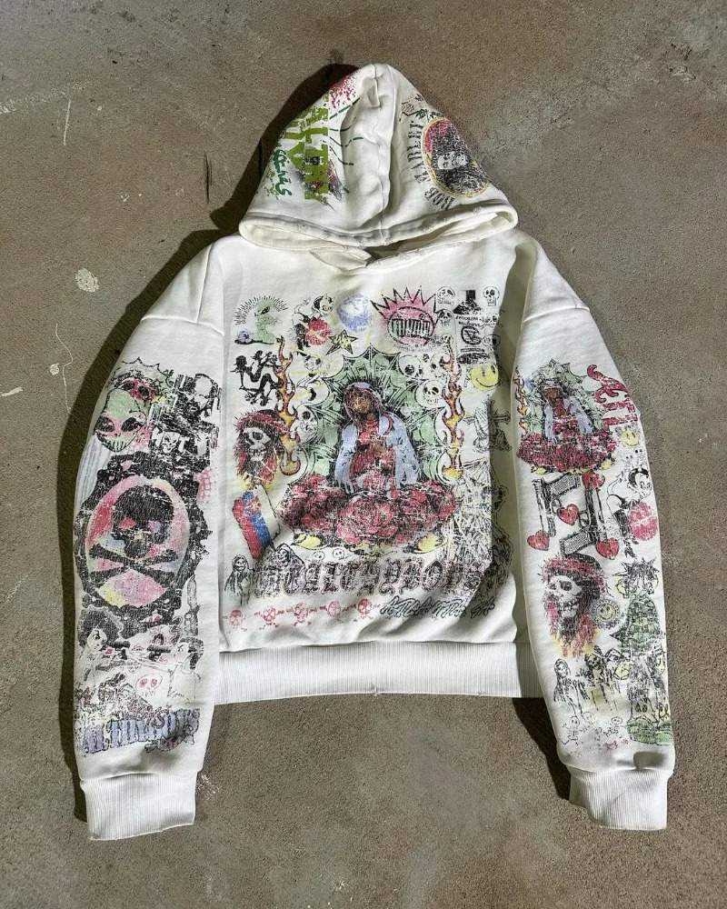 American Graffiti Print Hoodie Women Y2K Gothic Retro Street Hip Hop Loose Fashion Casual Couple Pullover Hooded Sweatshirt 250103