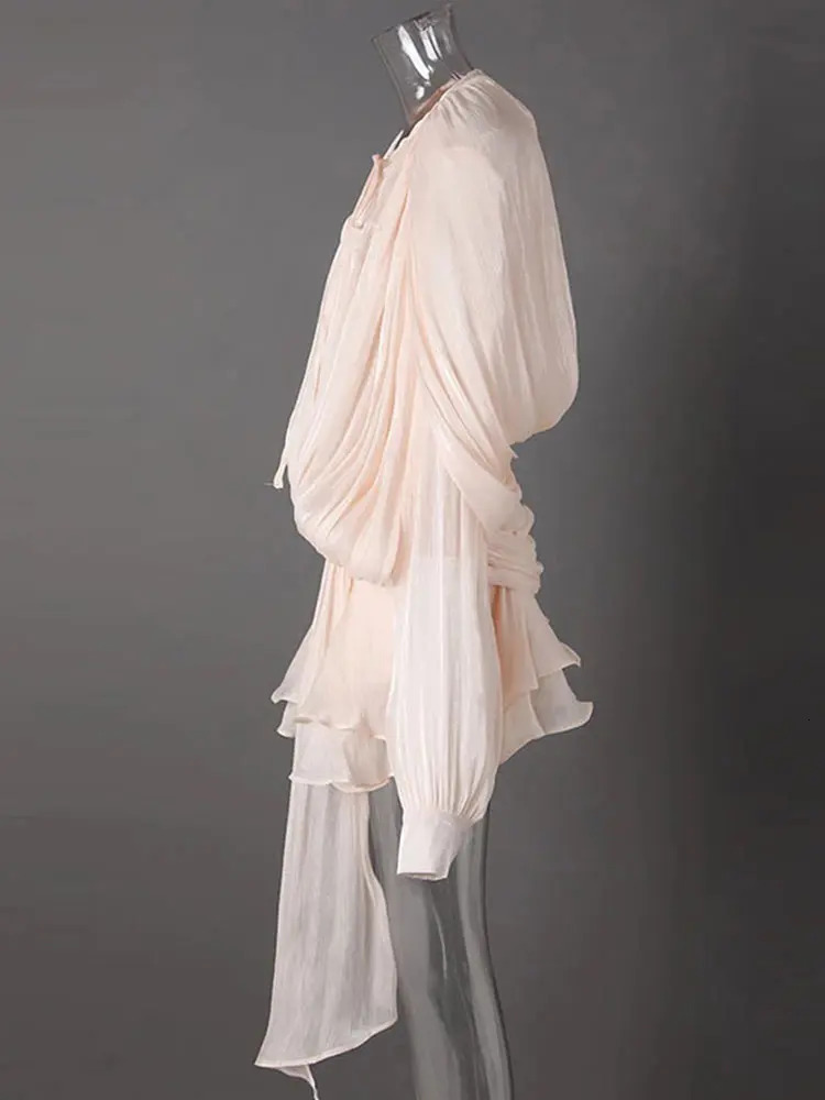 Elegant Ruffle Mini Dress for Women 2025 Early Spring Fashion O-neck Lantern Sleeve Hollow Lace Womens Dress with s 250103