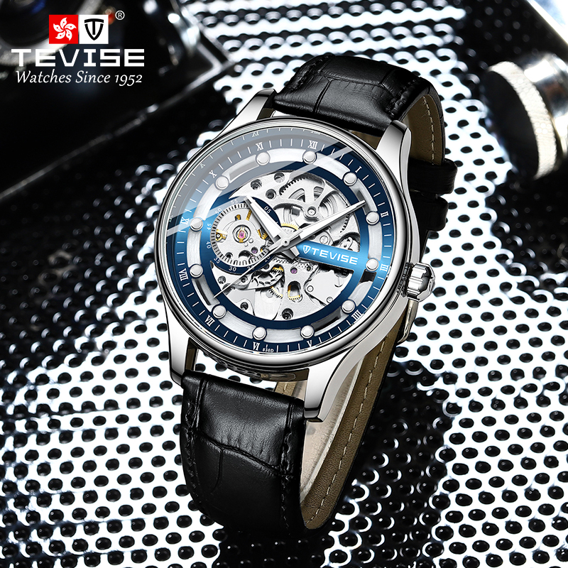 TEVISE New Style Mechanical Watch Hollow-out Design, Mens Leather Strap Fashionable Waterproof Men's Mechanical Watch T027- T836D